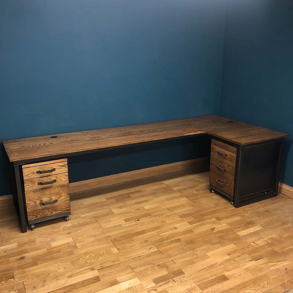 bespoke industrial corner desk with filing cabinet