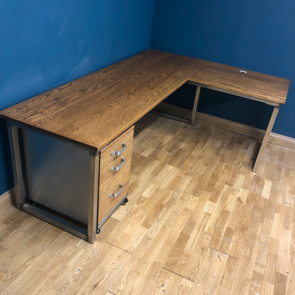 brushed stainless steel corner desk and cabinet