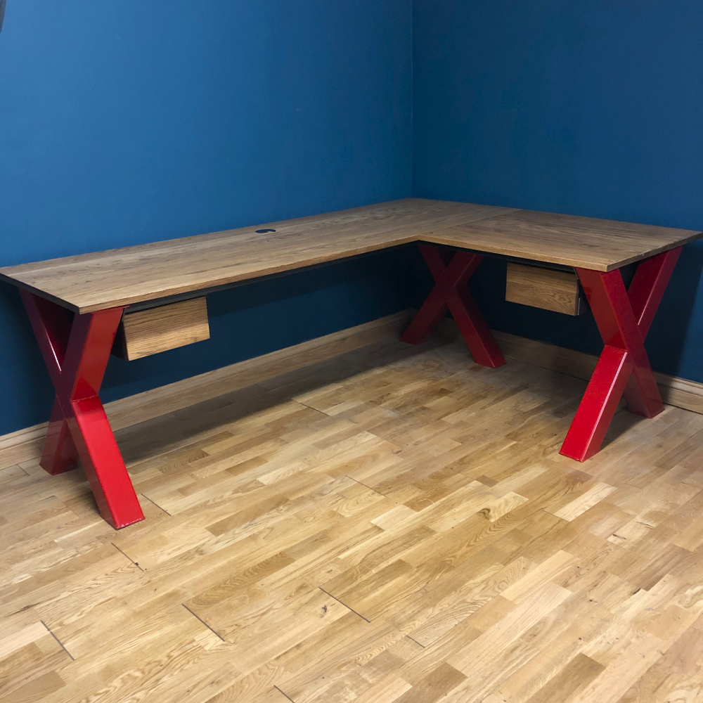 x frame red corner desk with drawers