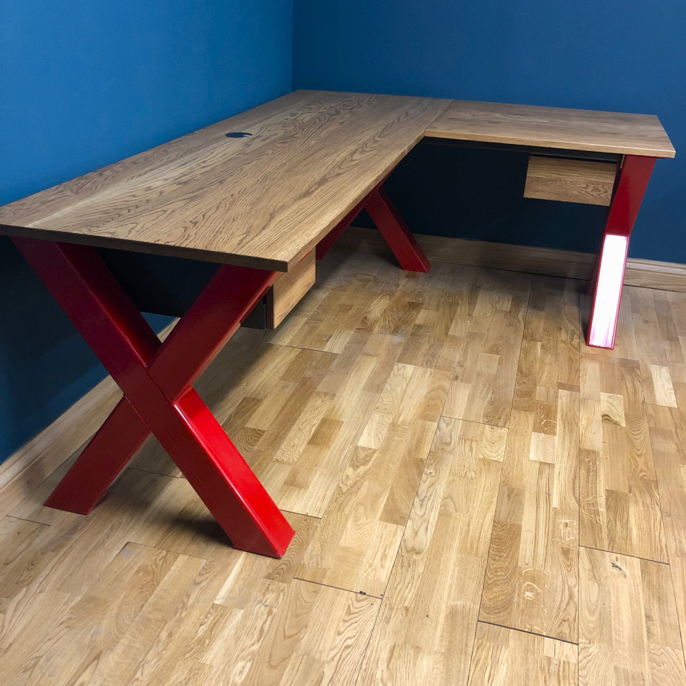 x frame red corner desk