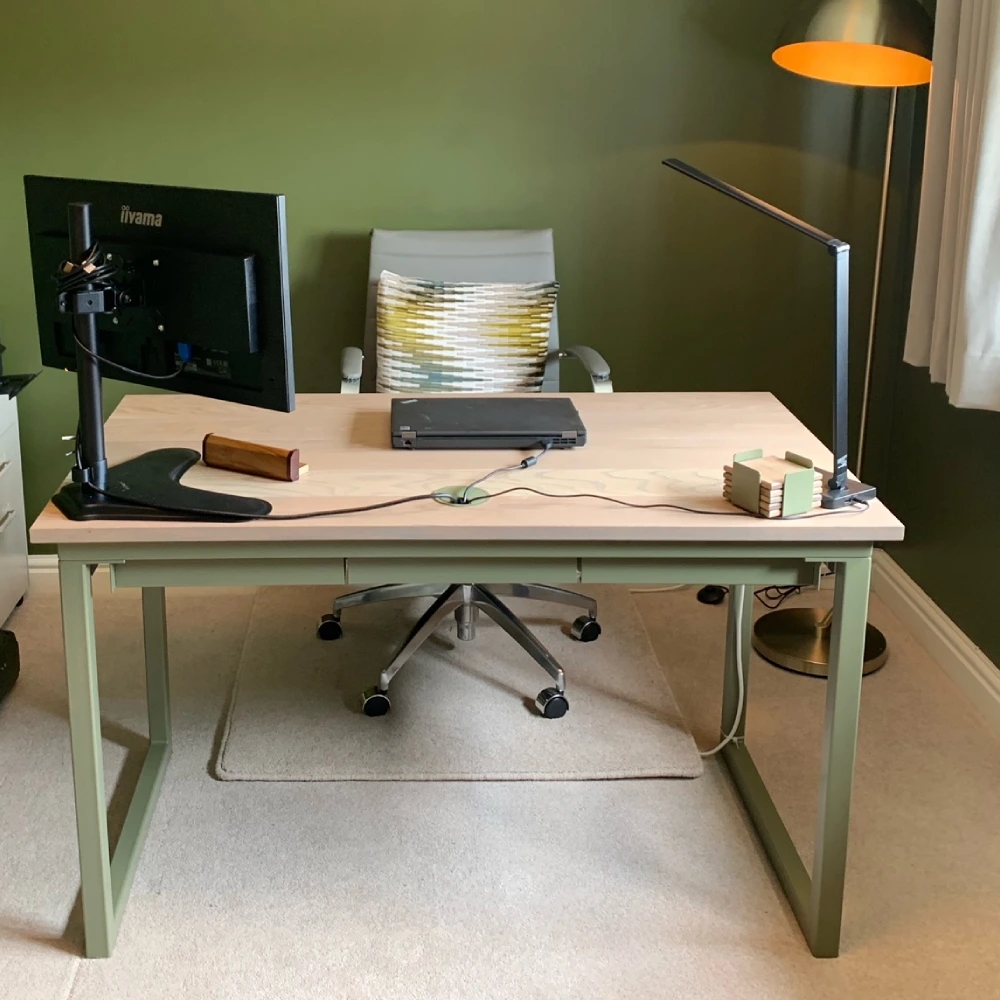 Custom green office desk with drawer