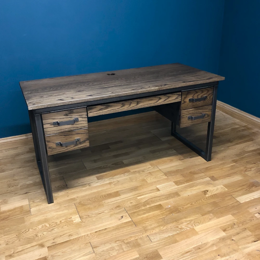 black industrial desk with drawers